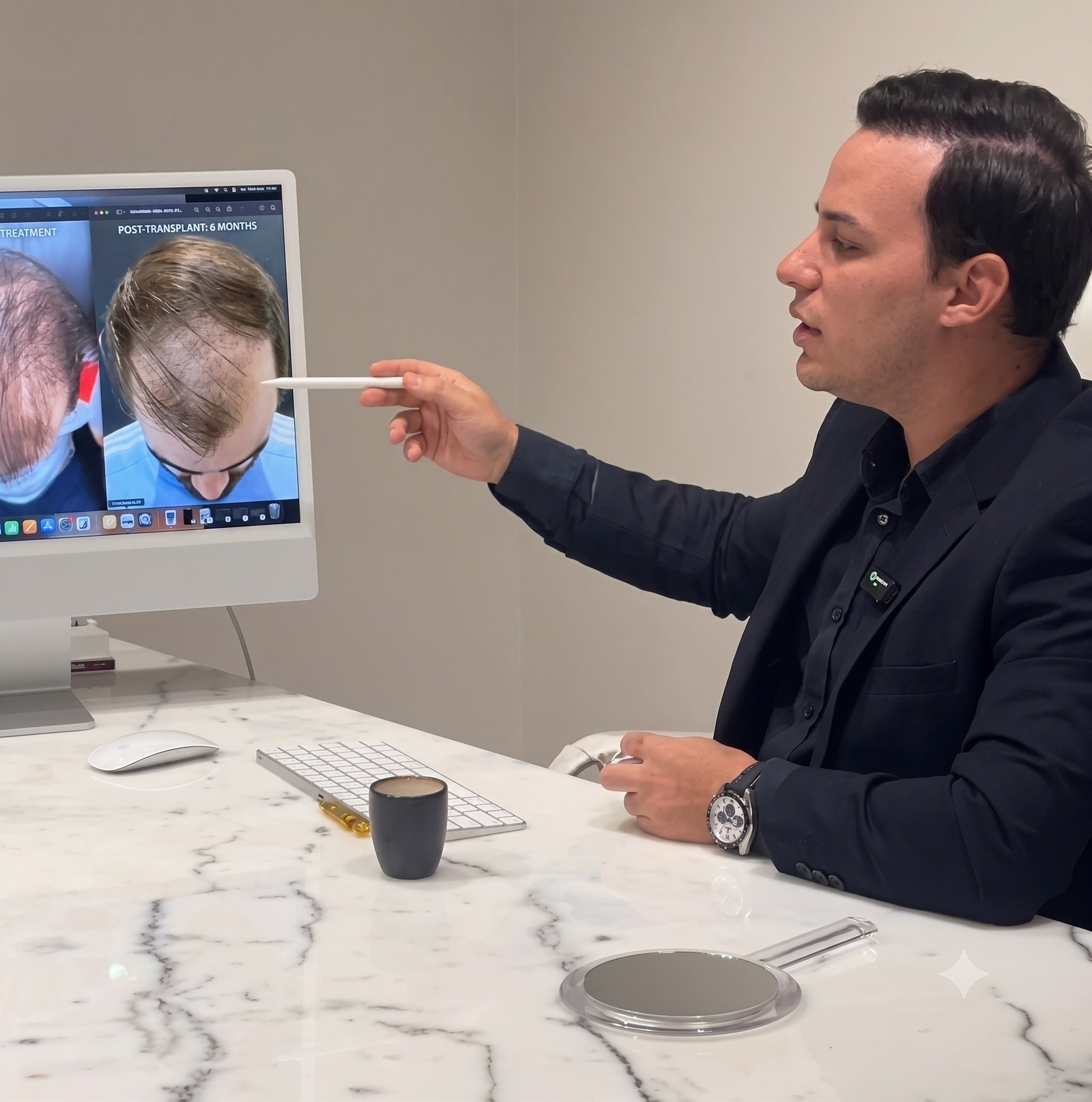Dr. Lucas Moura em ato de avaliação: perfil concentrado, apontando com caneta para imagens de tricoscopia em tela de computador mostrando comparação pré-tratamento e pós-transplante de 6 meses, sobre bancada de mármore branco com Choi Implanter visível.