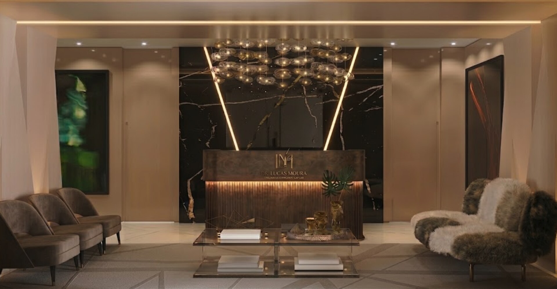 Recepção do consultório Dr. Lucas Moura em Fortaleza: lustre dourado de esferas suspensas, parede de mármore preto com veios dourados, balcão com logo da marca em dourado, poltronas grafite e pelúcia bege, mesa de café com livros de design.