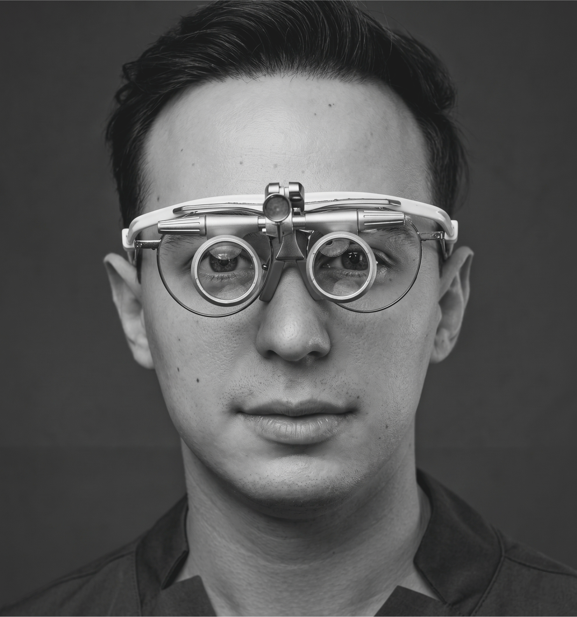 Dr. Lucas Moura em retrato editorial em preto e branco, usando lupa binocular cirúrgica, olhar direto e expressão serena.