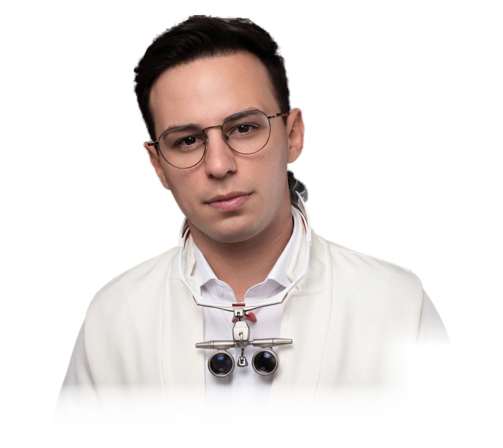 Retrato editorial do Dr. Lucas Moura: jaleco branco com lupas operatórias no peito, sobre fundo transparente.